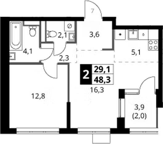 2-комн., 46.3 м², 8/16 этаж, ЖК «1-й Ясеневский»