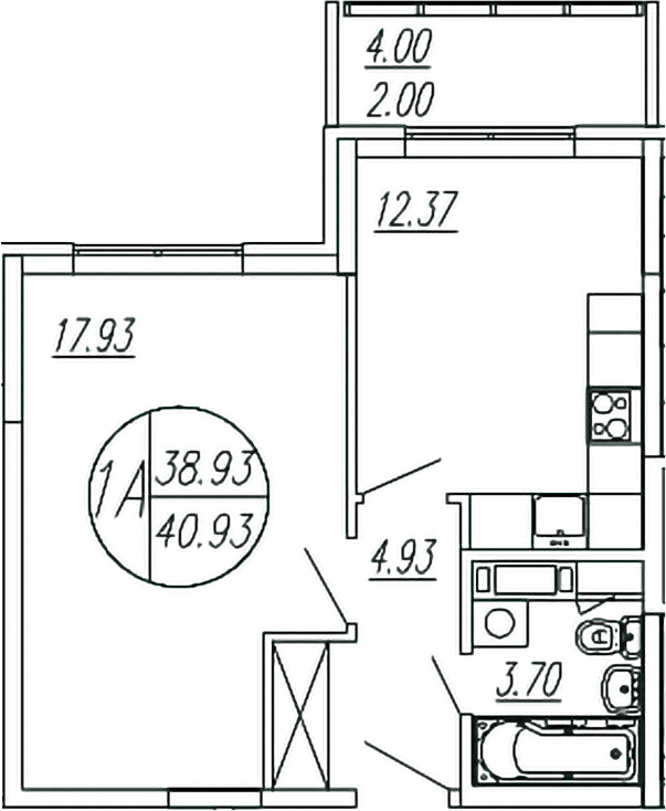 1-комн., 38.93 м², 4/4 этаж, ЖК «Шолохово»
