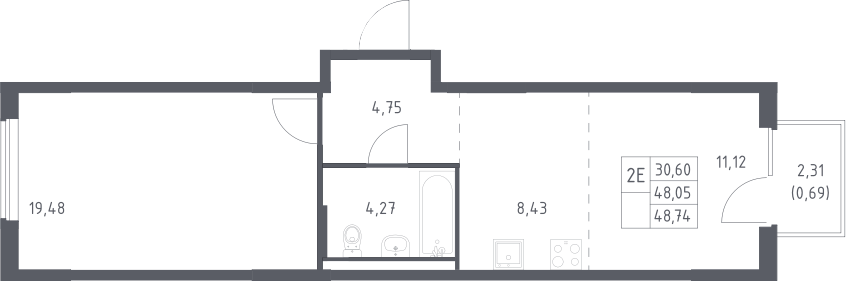 2-комн., 48.05 м², 8/17 этаж, ЖК «Мытищи Парк»