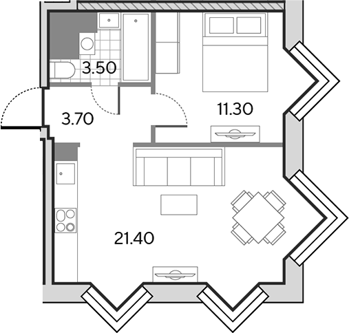 2-комн., 39.9 м², 25/30 этаж, ЖК «Вейв»