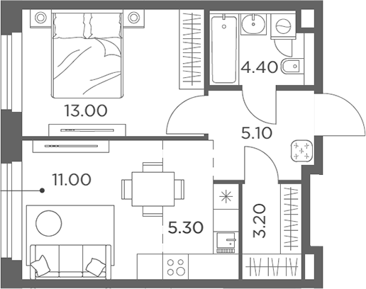 2-комн., 42 м², 22/23 этаж, ЖК «Белый Град»