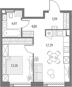 2-комн., 43.93 м², 4/19 этаж, ЖК «Апсайд Тауэрс»