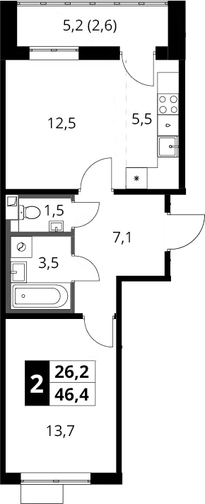2-комн., 43.8 м², 7/16 этаж, ЖК «1-й Шереметьевский»