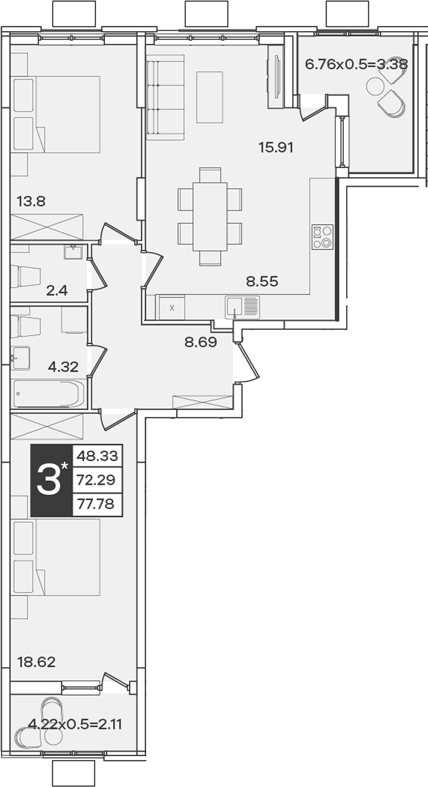 3-комн., 72.29 м², 2/9 этаж, ЖК «Сюжеты»