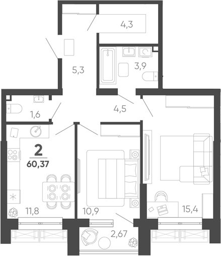 2-комн. квартира, 59.57 м² в ЖК Барса — фото 2
