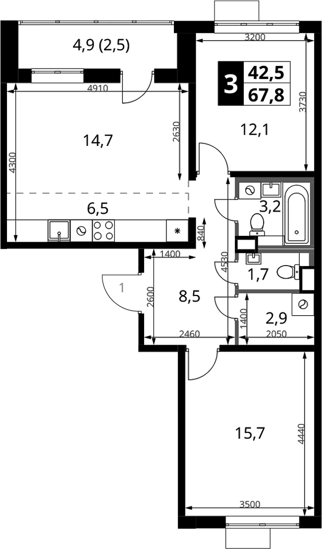 3-комн., 65.3 м², 14/16 этаж, ЖК «1-й Химкинский»