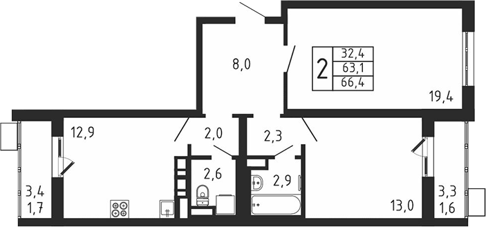 2-комн., 63.1 м², 4/9 этаж, ЖК «Пироговская ривьера. Мытищи»