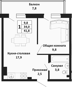 1-комн. квартира, 34 м² в ЖК Южные Соседи — фото 2