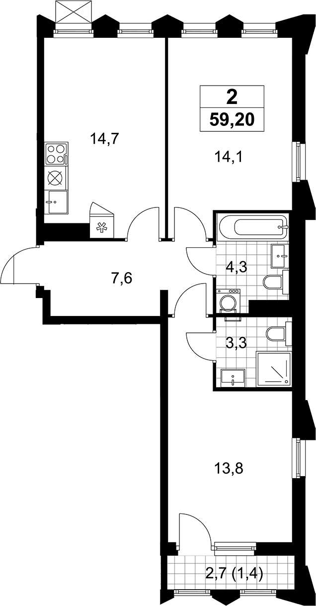 3-комн., 57.8 м², 13/15 этаж, ЖК «Деснаречье»