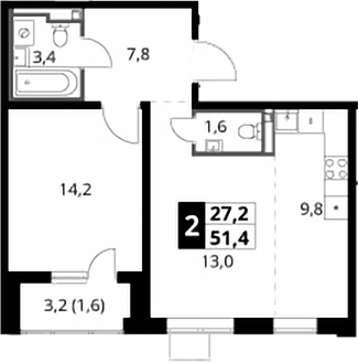 2-комн., 49.8 м², 24/24 этаж, ЖК «1-й Донской»