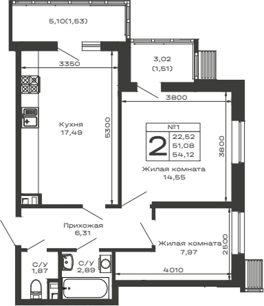 2-комн. квартира, 51.08 м² в ЖК Долина — фото 2