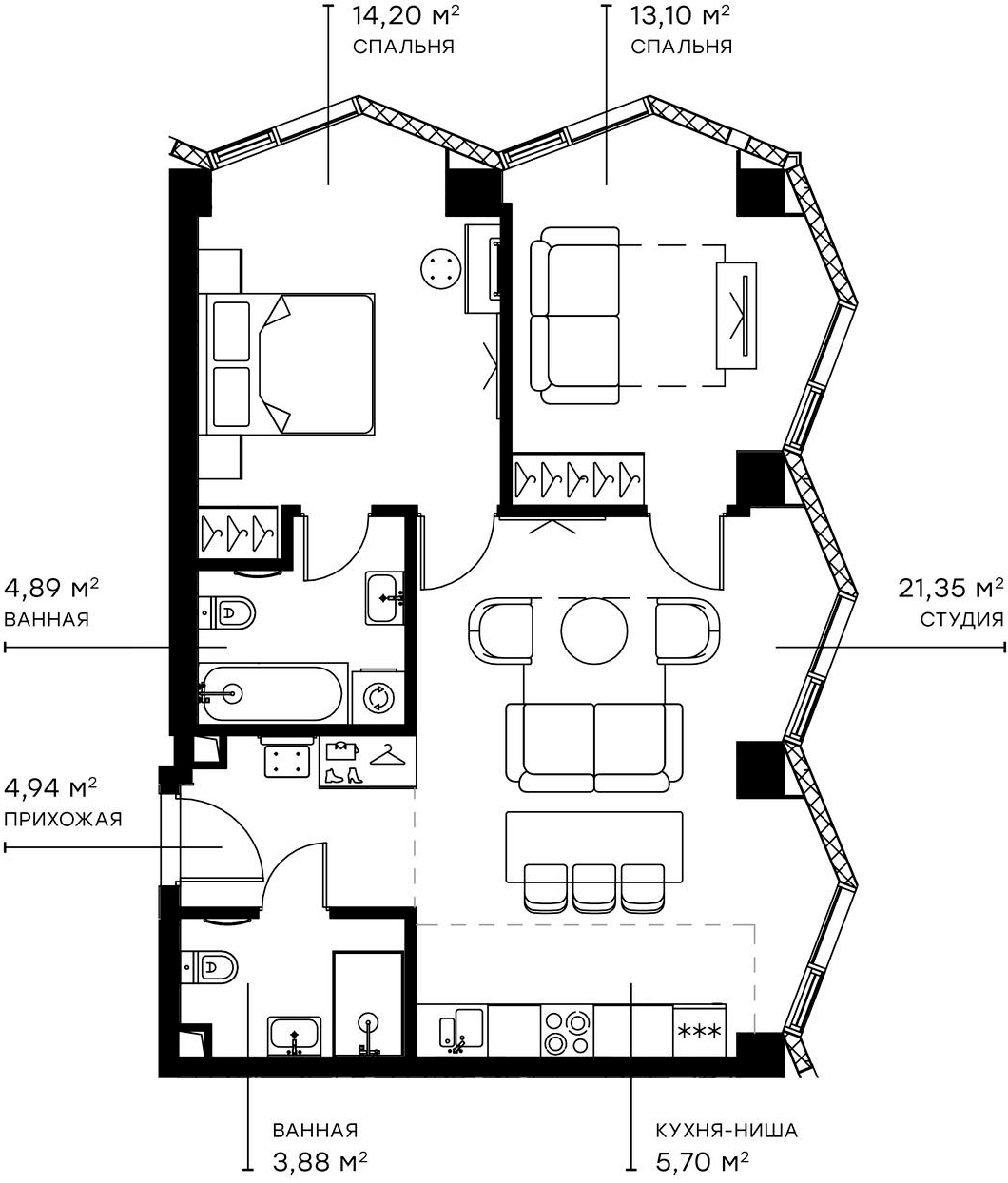 3-комн., 68.06 м², 7/49 этаж, ЖК «Симфония 34»