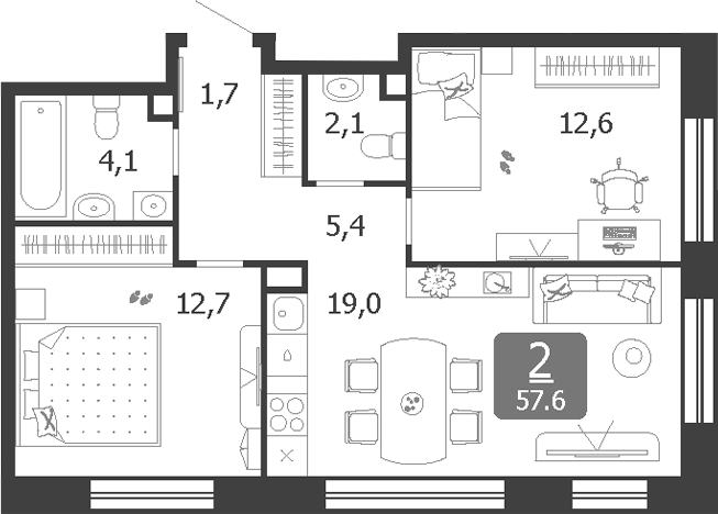 3-комн., 57.6 м², 19/19 этаж, ЖК «Шагал»