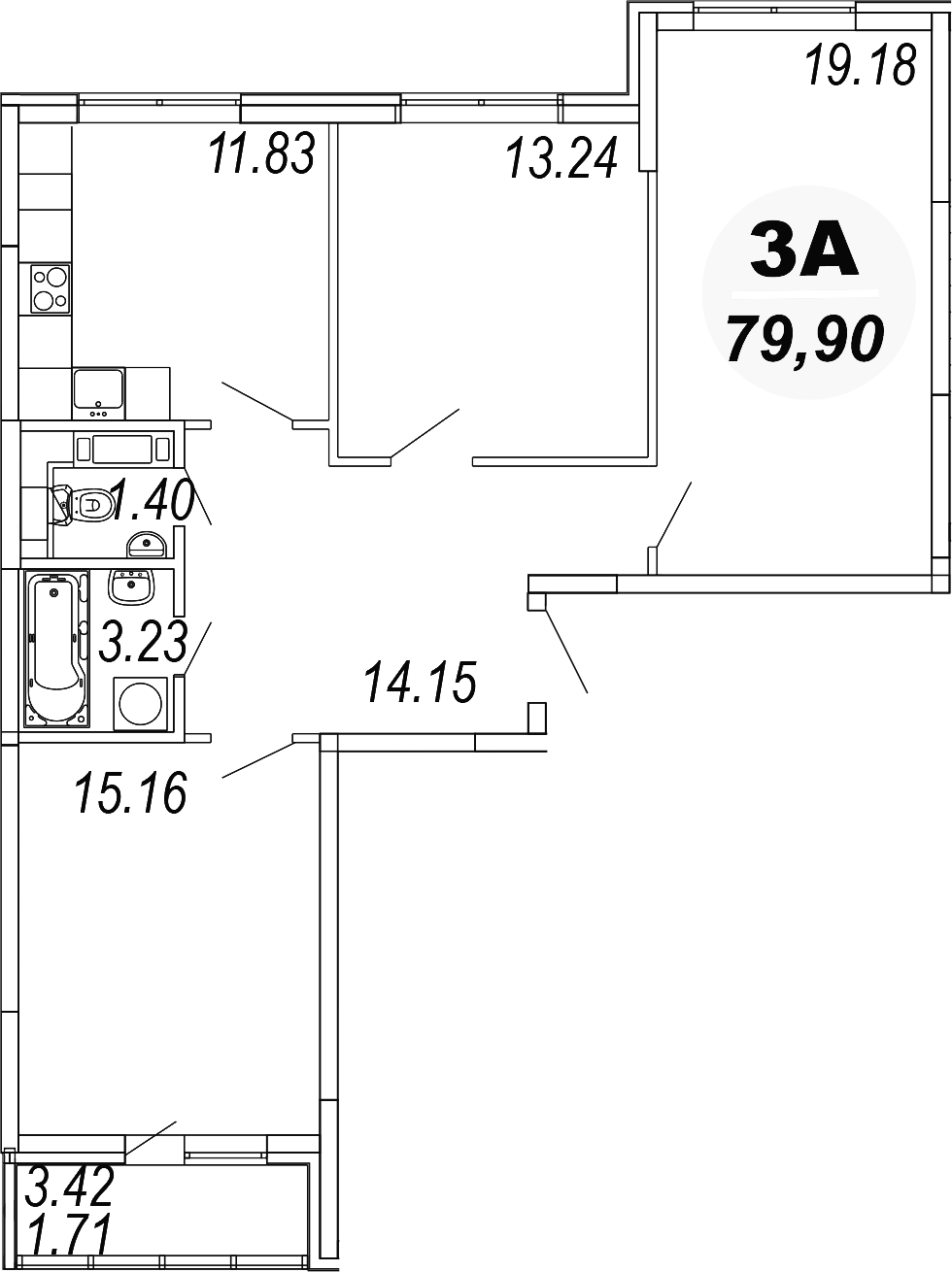 3-комн., 78.19 м², 4/4 этаж, ЖК «Шолохово»