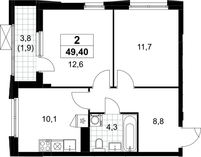 2-комн., 47.5 м², 23/23 этаж, ЖК «Дзен-кварталы»