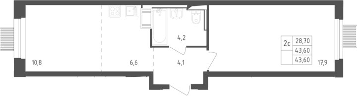2-комн., 43.6 м², 5/17 этаж, ЖК «Мытищи Парк»