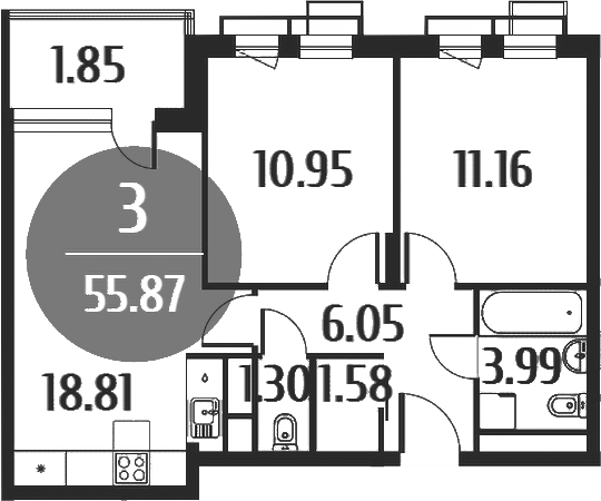 3-комн., 53.97 м², 5/5 этаж, ЖК «Равновесие»