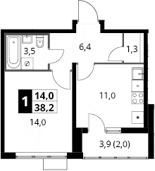 1-комн., 36.2 м², 11/22 этаж, ЖК «Южная Битца»
