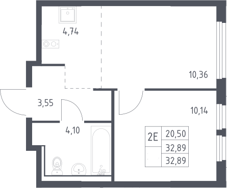 2-комн., 32.89 м², 11/17 этаж, ЖК «Пригород Лесное»