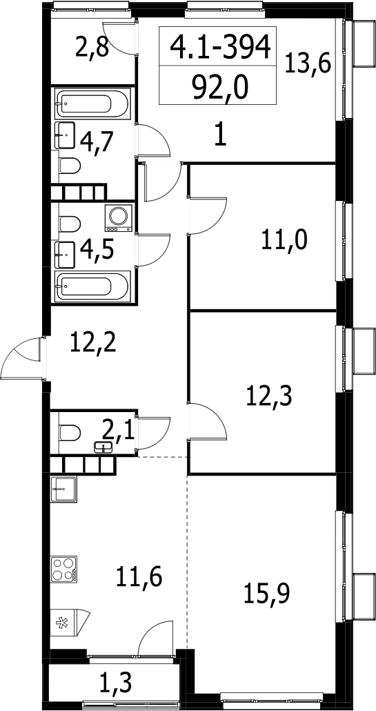 4+ комнаты, 90.7 м², 27/30 этаж, ЖК «Южные сады»