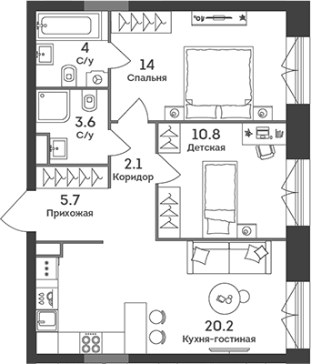 3-комн., 60.4 м², 2/43 этаж, ЖК «ЭРА»