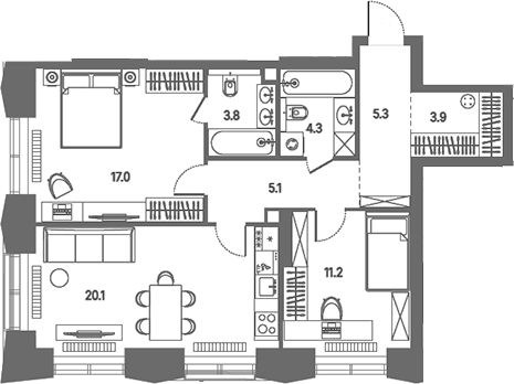 3-комн., 70.4 м², 2/39 этаж, ЖК «КОД Сокольники»