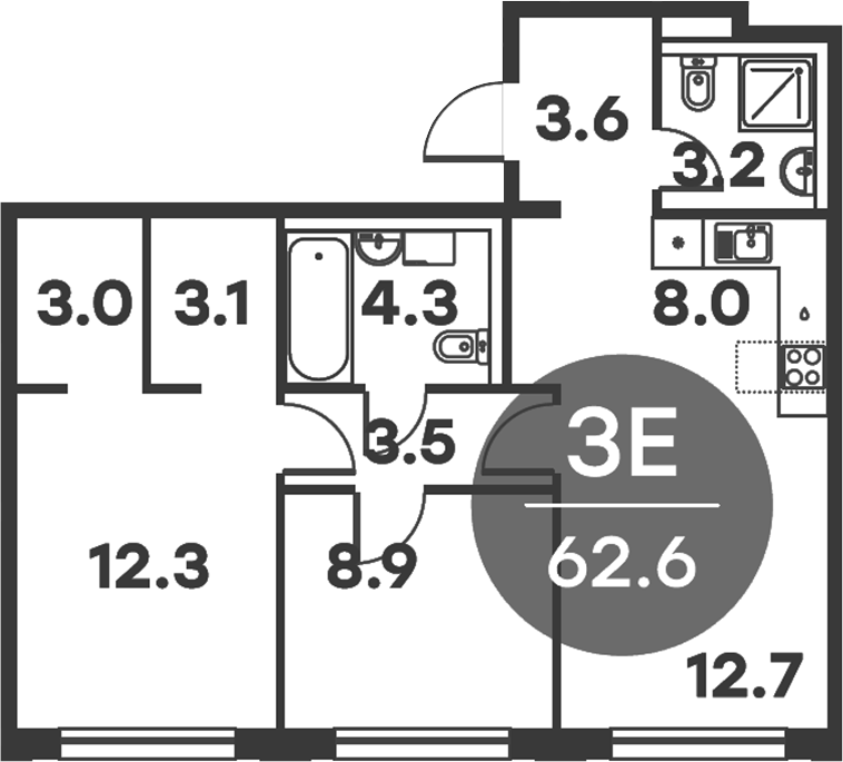 3-комн., 62.6 м², 4/6 этаж, ЖК «Равновесие»