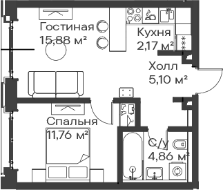 2-комн., 39.77 м², 4/15 этаж, ЖК «Сити Бэй»