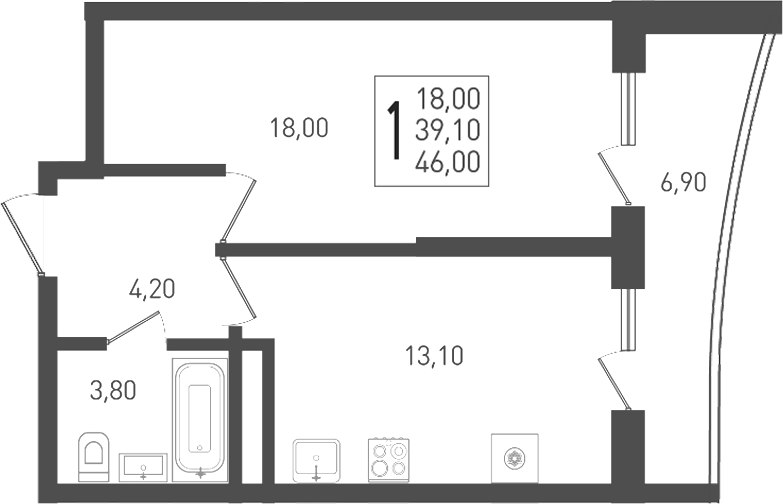 1-комн. квартира, 39.1 м² в ЖК ЖК «Кубанская Крепость» — фото 3