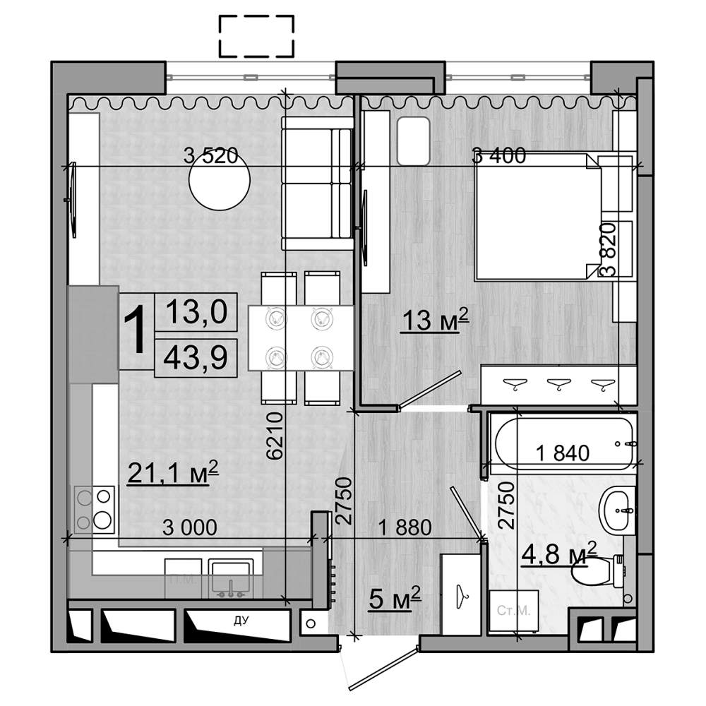 2-комн., 43.9 м², 4/18 этаж, ЖК «Гранд Комфорт»