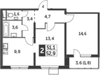 2-комн., 51.1 м², 10/23 этаж, ЖК «Южная Битца»