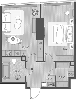 2-комн., 55.6 м², 54/90 этаж, ЖК «ОНЕ»