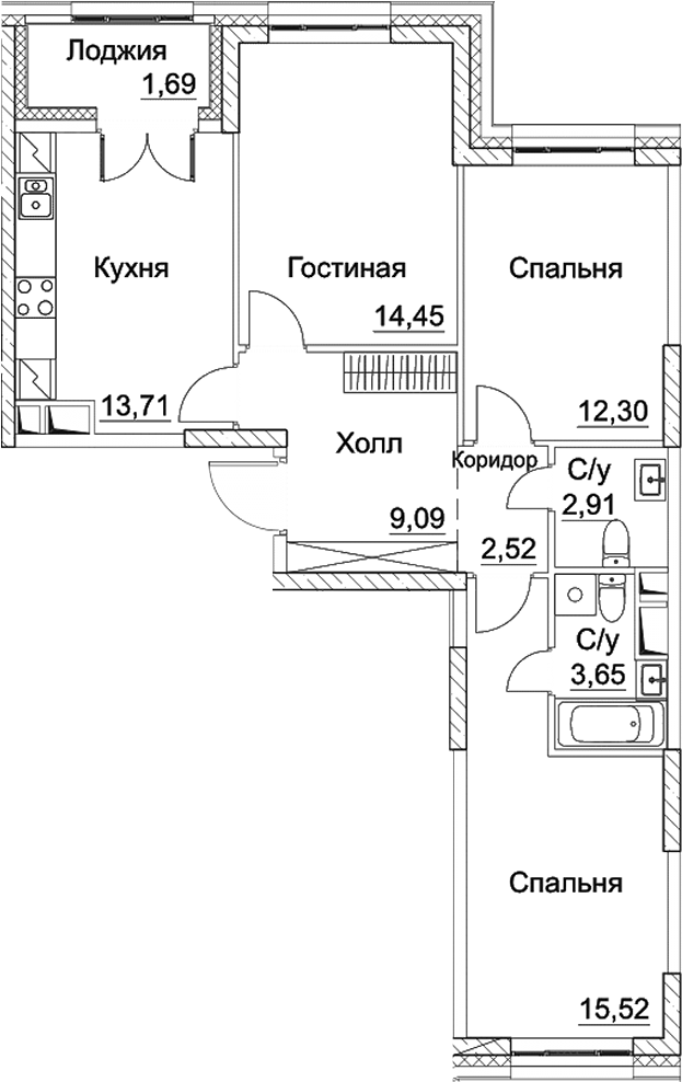 3-комн., 74.15 м², 13/16 этаж, ЖК «СЕЗАР СИТИ»