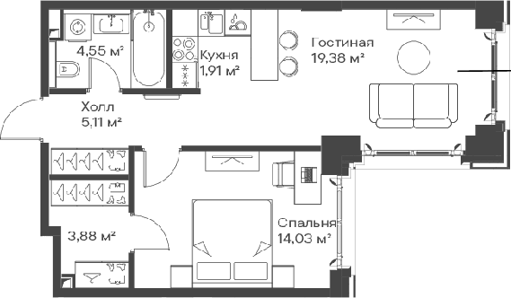 2-комн., 48.86 м², 9/15 этаж, ЖК «Сити Бэй»