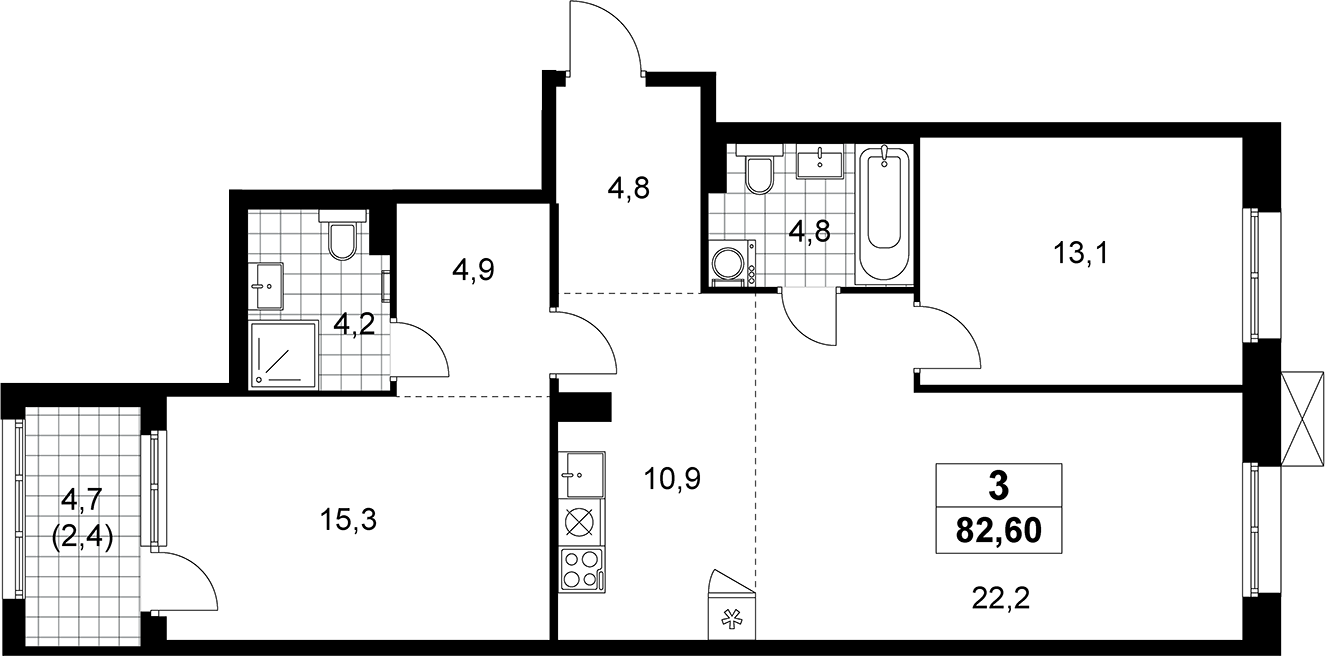 3-комн., 80.2 м², 6/8 этаж, ЖК «Дзен-кварталы»