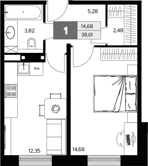 1-комн., 38.61 м², 1/9 этаж, ЖК «Ласточкино»