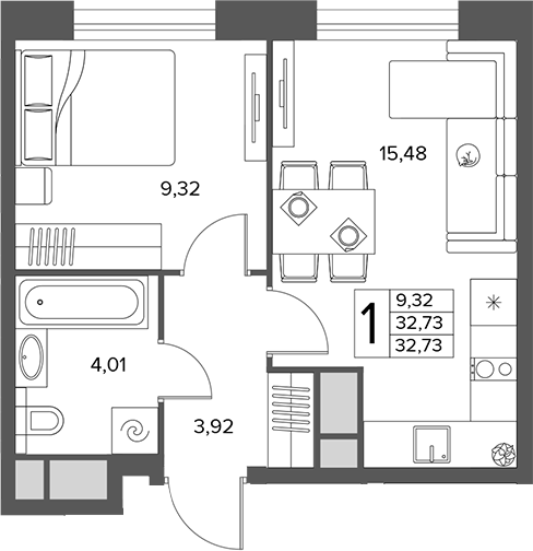 1-комн., 32.73 м², 5/16 этаж, ЖК «Городской бор»