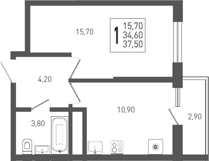 1-комн. квартира, 34.6 м² в ЖК ЖК «Кубанская Крепость» — фото 3