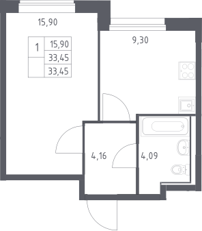 1-комн., 33.45 м², 9/17 этаж, ЖК «Прибрежный Парк»