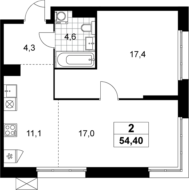 2-комн., 54.4 м², 6/12 этаж, ЖК «Дзен-кварталы»