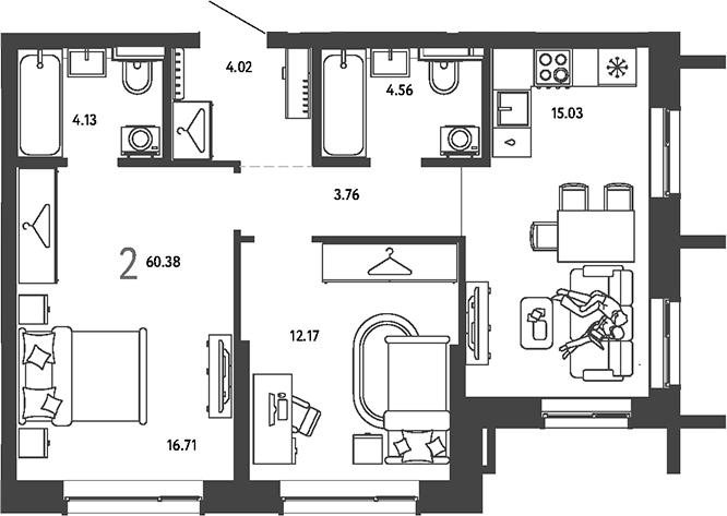 2-комн., 60.38 м², 14/24 этаж, ЖК «Страна.Парковая»