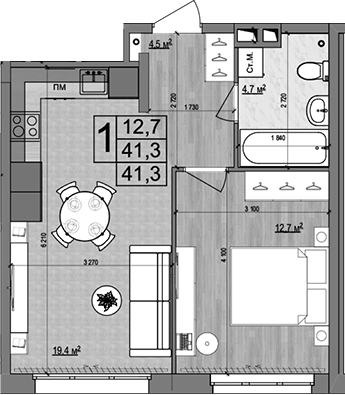 2-комн., 41.3 м², 5/18 этаж, ЖК «Гранд Комфорт»