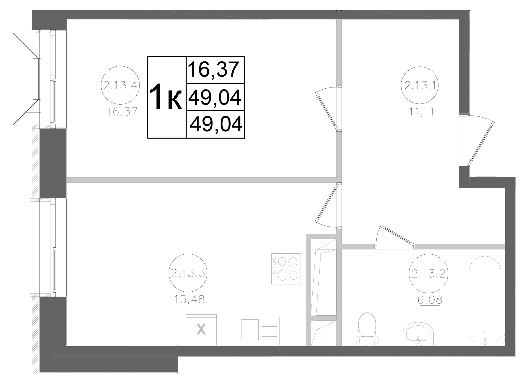 1-комн., 49.04 м², 15/17 этаж, ЖК «Авиатор-2»