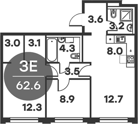 3-комн., 62.6 м², 4/6 этаж, ЖК «Равновесие»