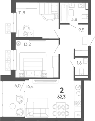 2-комн. квартира, 56.3 м² в ЖК Барса — фото 2