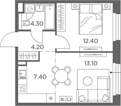 2-комн., 41.4 м², 2/23 этаж, ЖК «Белый Град»