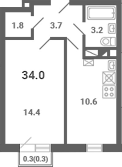 1-комн., 33.7 м², 4/4 этаж, ЖК «Южная Долина»