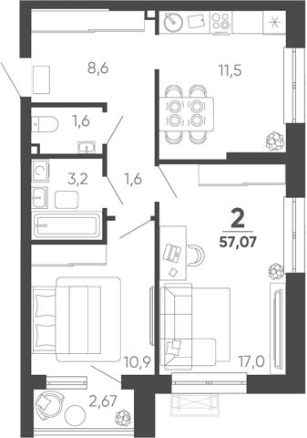 2-комн. квартира, 56.27 м² в ЖК Барса — фото 2