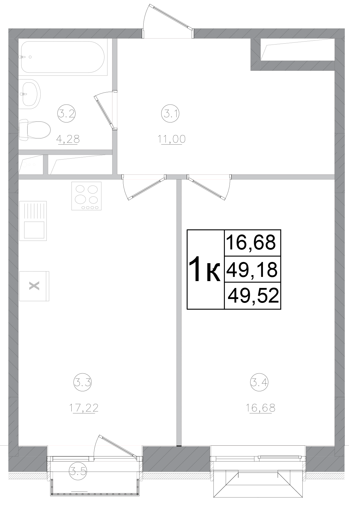 1-комн., 49.18 м², 5/5 этаж, ЖК «Авиатор-2»