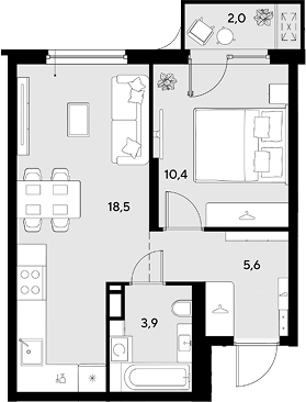 1-комн., 38.4 м², 6/9 этаж, ЖК «Грейд»